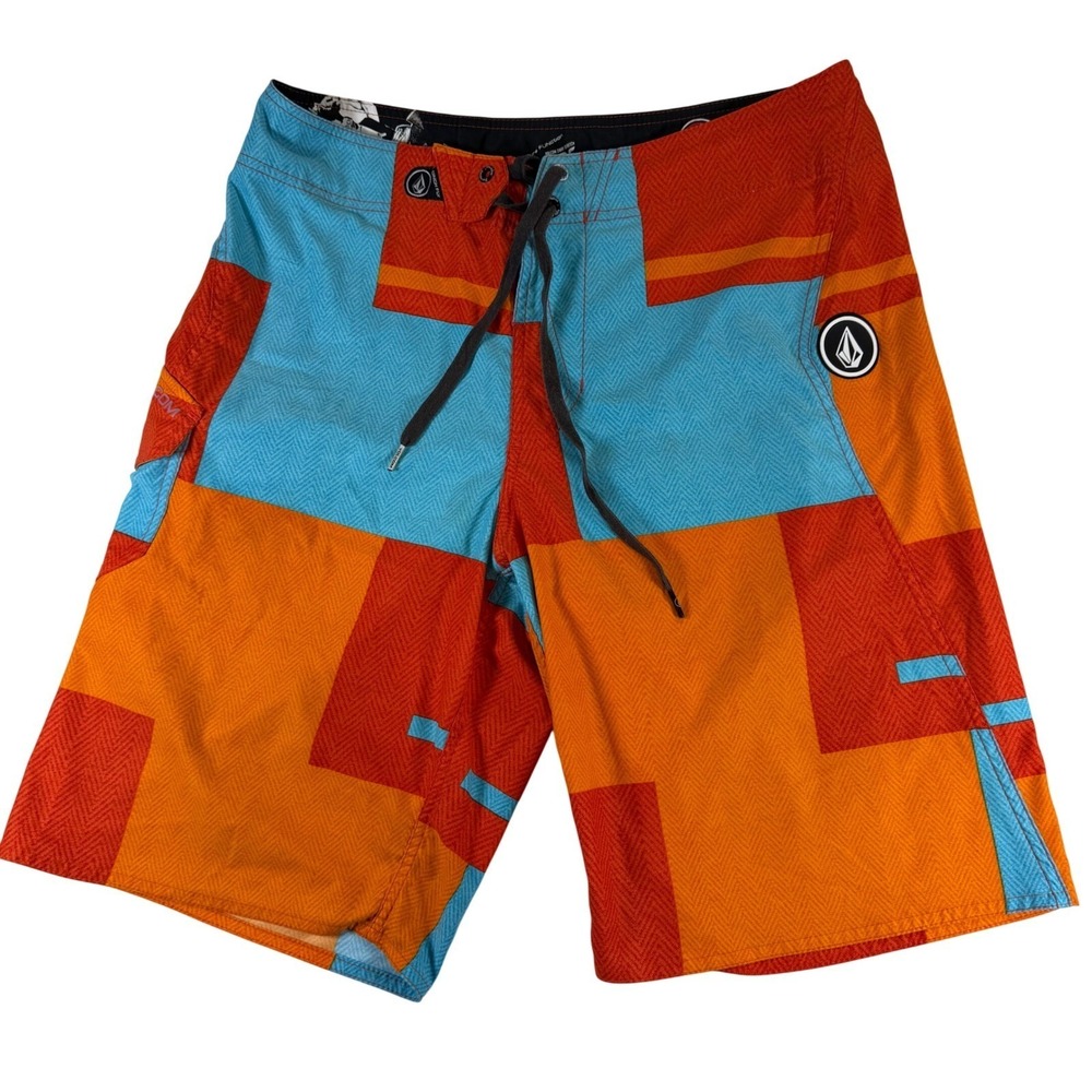 Volcom Board Shorts Mens 32 Orange Blue V25 2-Way Stretch Geometric Swim Trunks